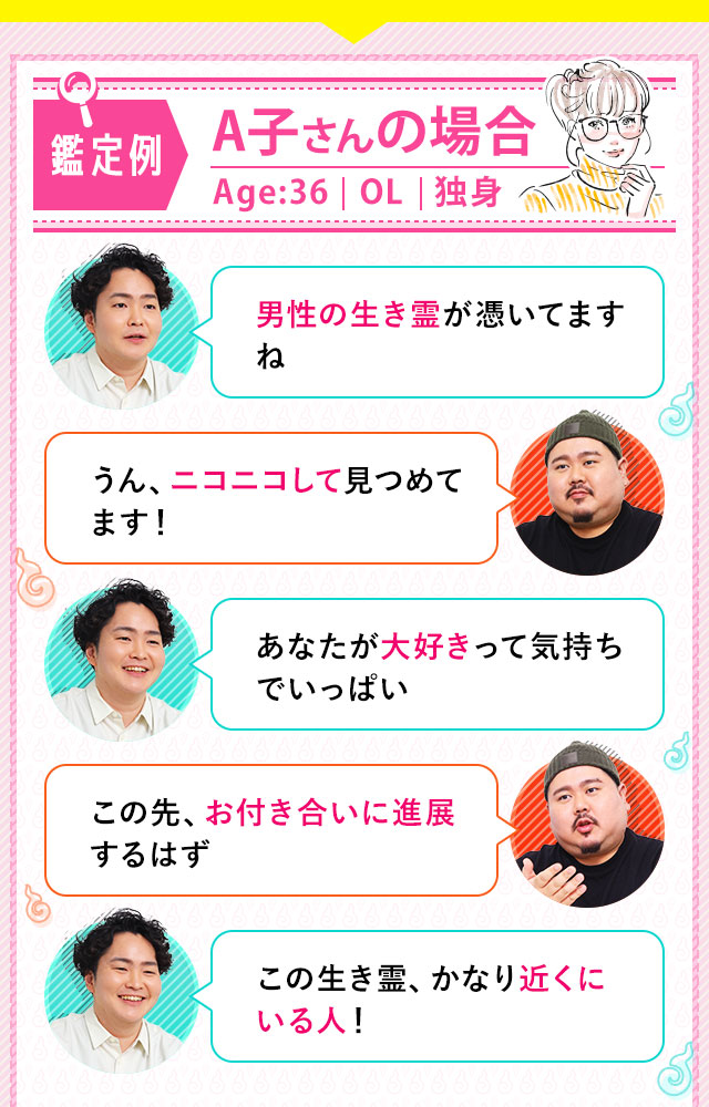鑑定例 A子さんの場合 Age:36 OL 独身 男性の生き霊が憑いてますね うん、ニコニコして見つめてます！ あなたが大好きって気持ちでいっぱい この先、お付き合いに進展するはず この生き霊、かなり近くにいる人！