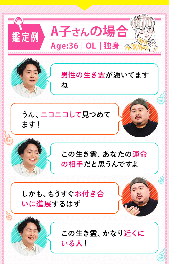 鑑定例 A子さんの場合 Age:36 OL 独身 男性の生き霊が憑いてますね うん、ニコニコして見つめてます！ あなたが大好きって気持ちでいっぱい この先、お付き合いに進展するはず この生き霊、かなり近くにいる人！